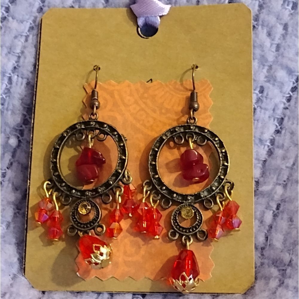Red gold dangle drop earrings chandelier beaded gift jewelry ooak wedding xmas